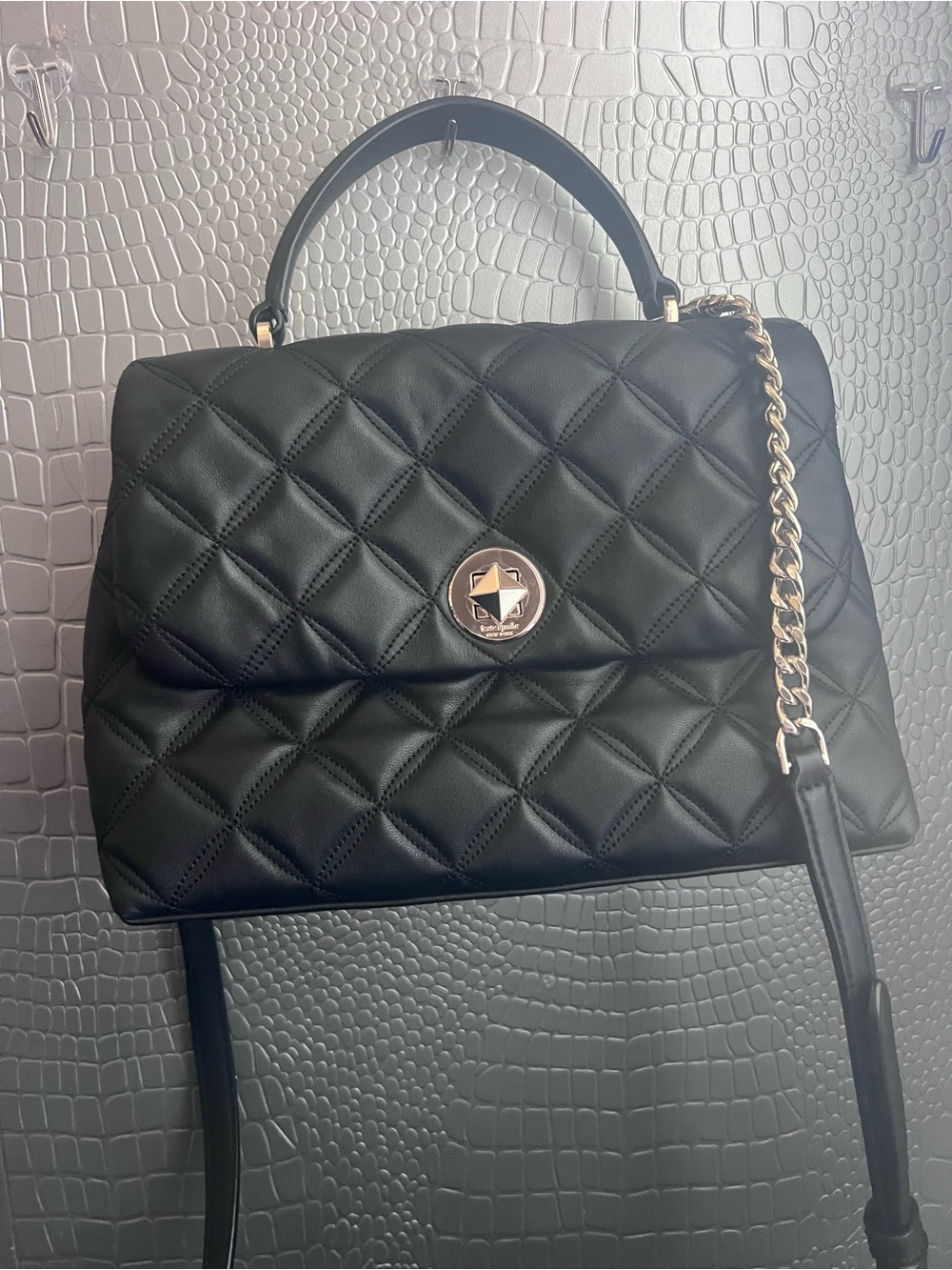 kate spade Natalia Black Quilted Top-Handle Satchel with Gold-Tone Chain